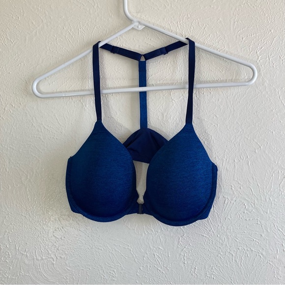 Victorias Secret Womens Bra 34D Racerback Semi Demi Blue Front Hook Padded - Picture 8 of 10